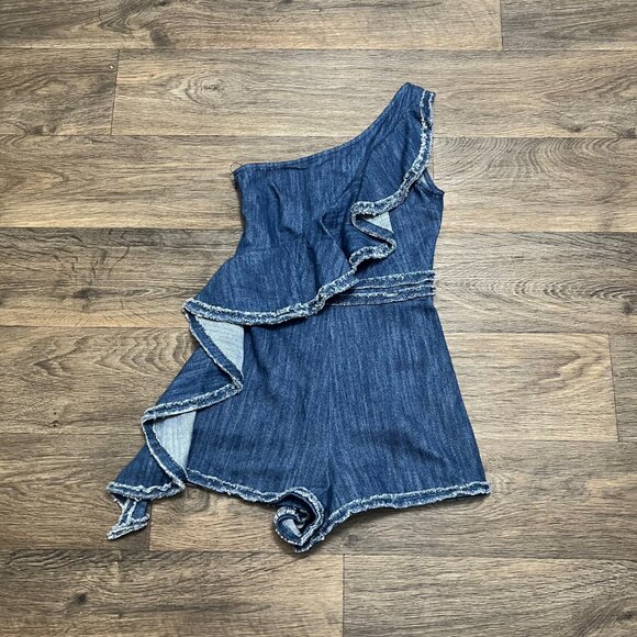 Alexis Blakely Denim One Shoulder Ruffle Romper Size XS Blue - Picture 6 of 8